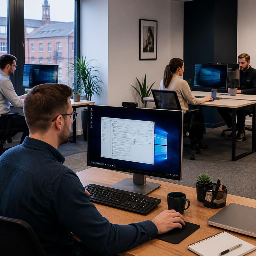 Colleagues in separate offices using computers connected to a central desktop platform