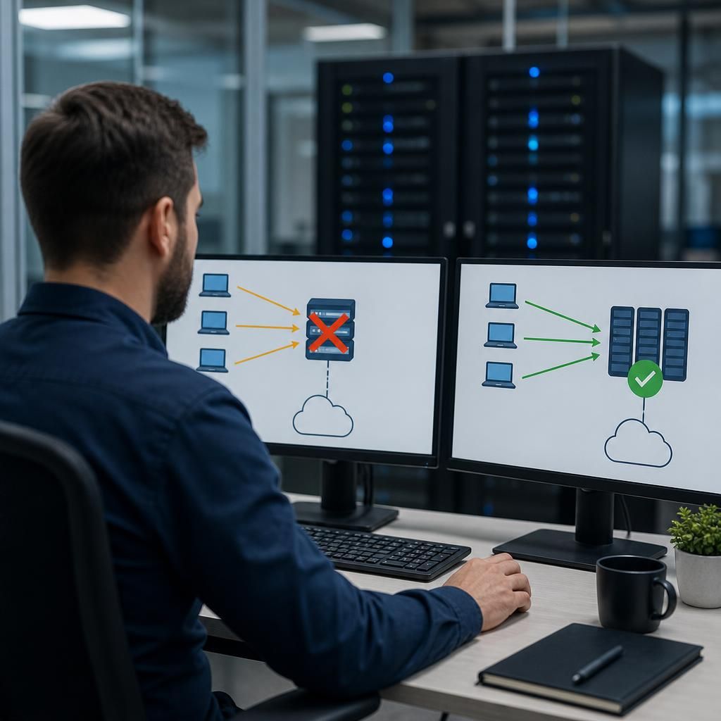 Diagram showing users connecting to secondary hosted desktop servers during a platform outage