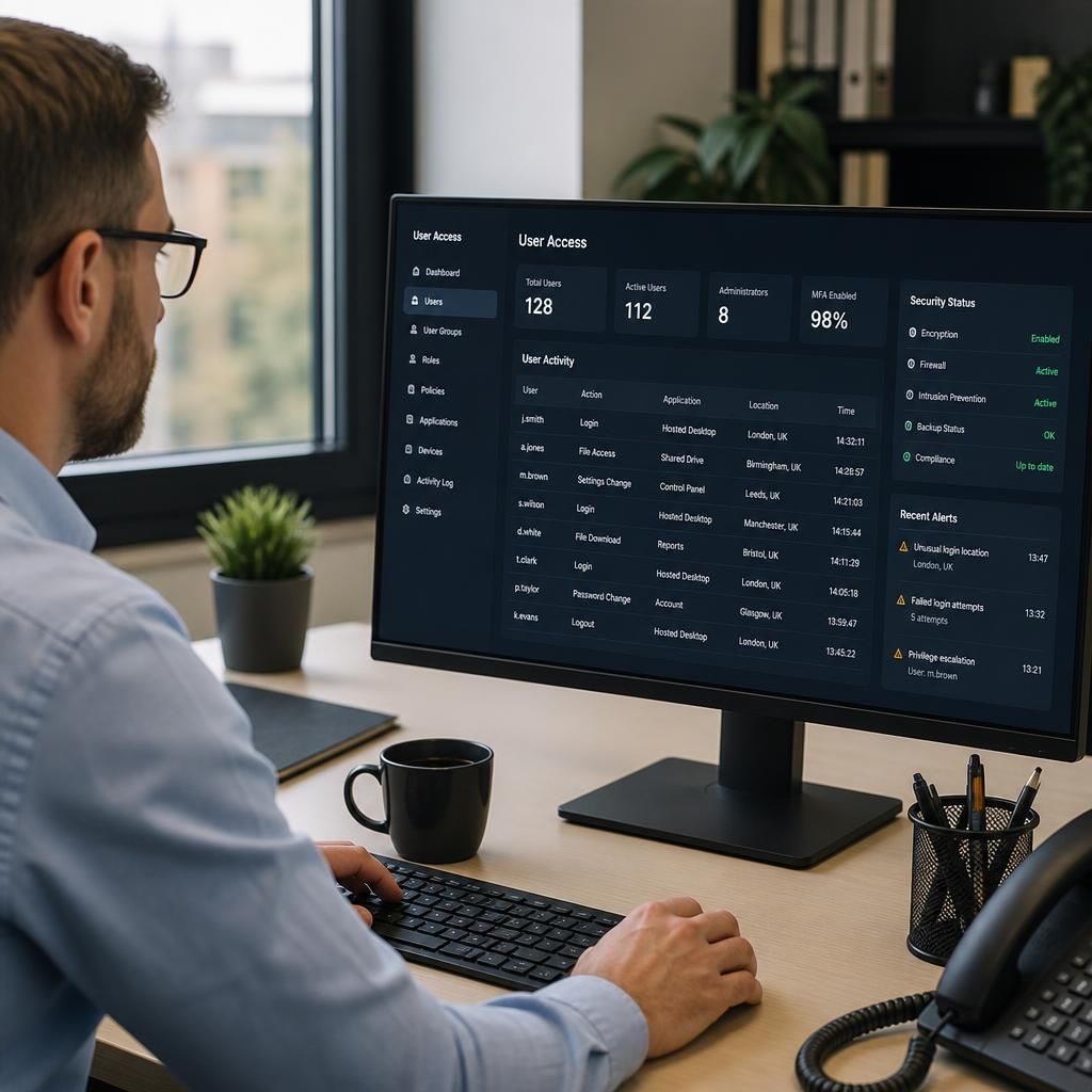 Hosted desktop interface showing user access controls and security activity logs