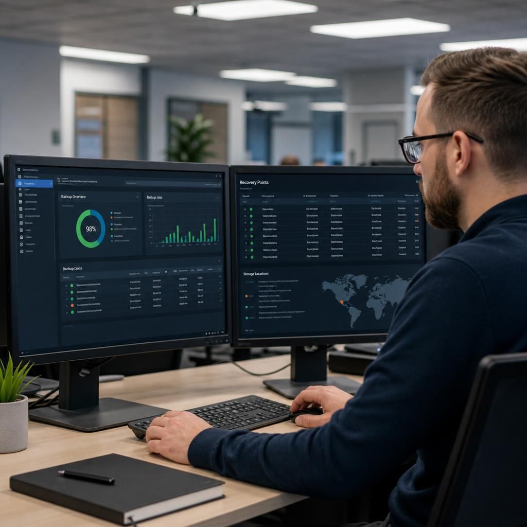 Backup management dashboard showing hosted desktop recovery points and storage locations