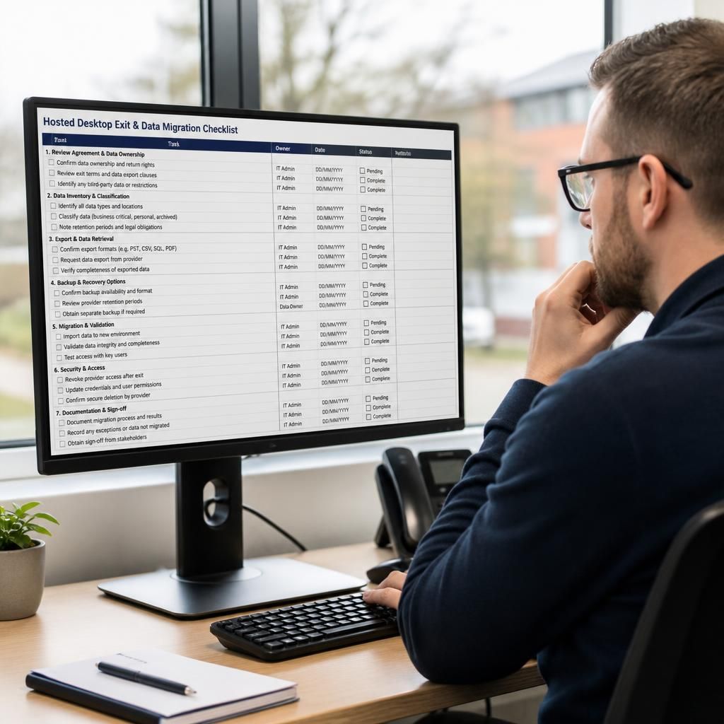 IT administrator reviewing a hosted desktop data migration checklist on screen