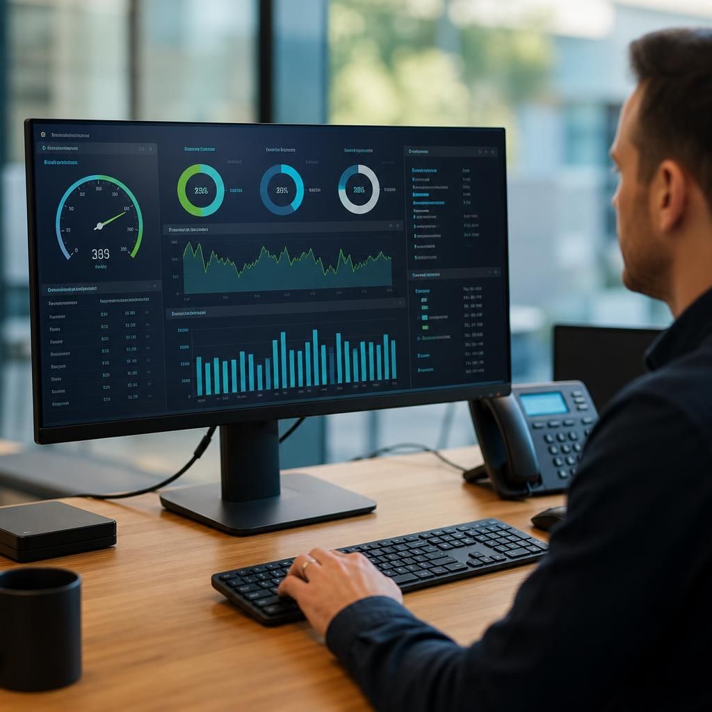 Computer monitor displaying internet connection performance data and network traffic charts