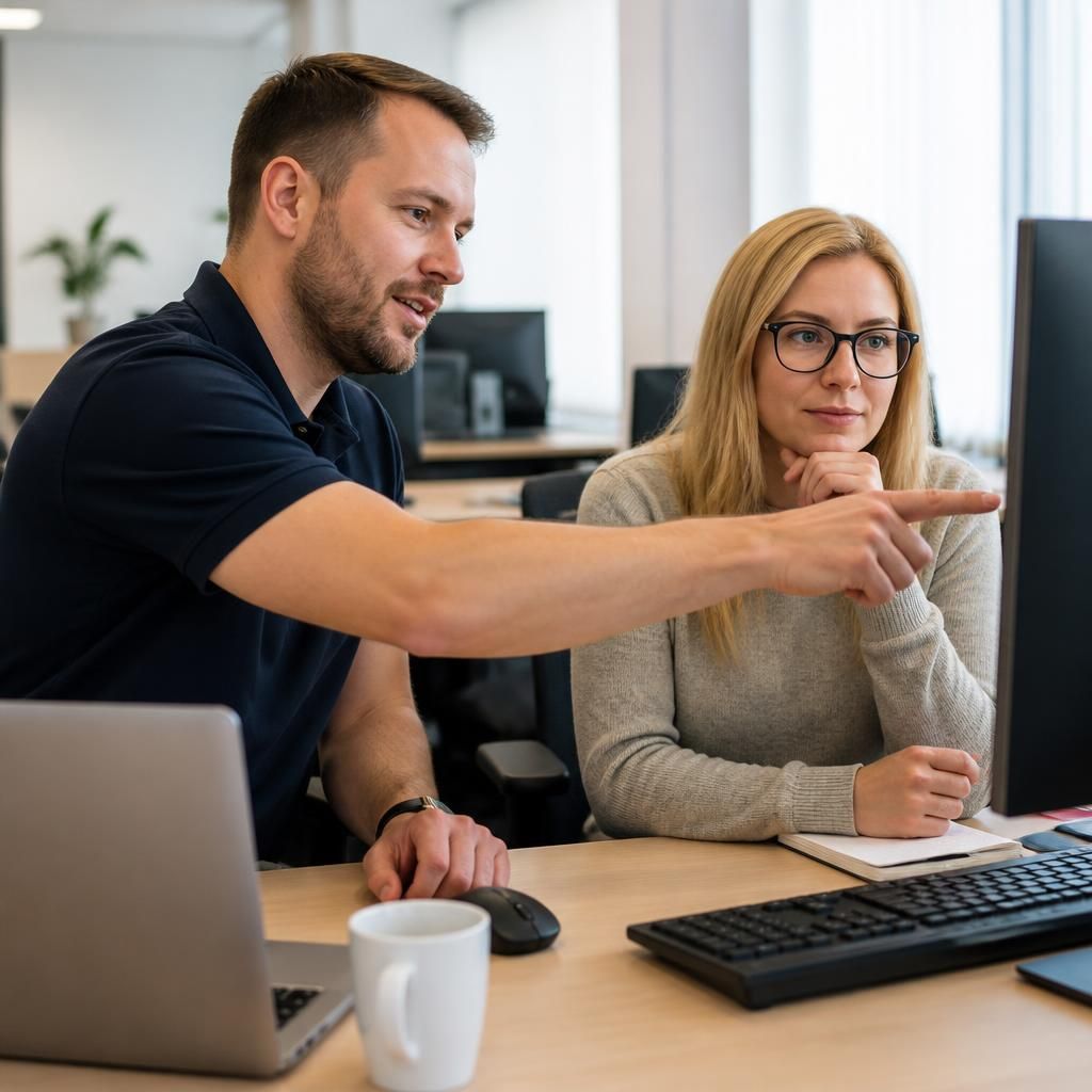 IT professional discussing a computer screen with a business colleague