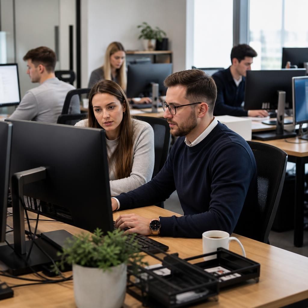 Professional services team working at desktop computers in an office