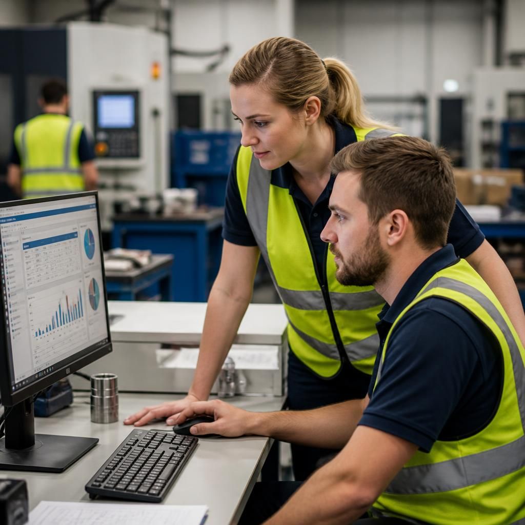 Manufacturing staff reviewing production information on a computer