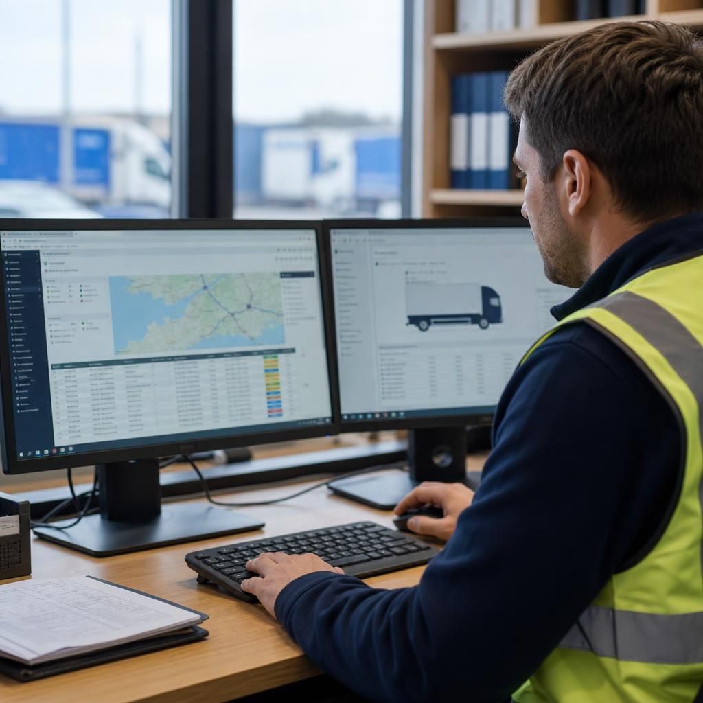 Logistics team member using a computer to manage delivery information