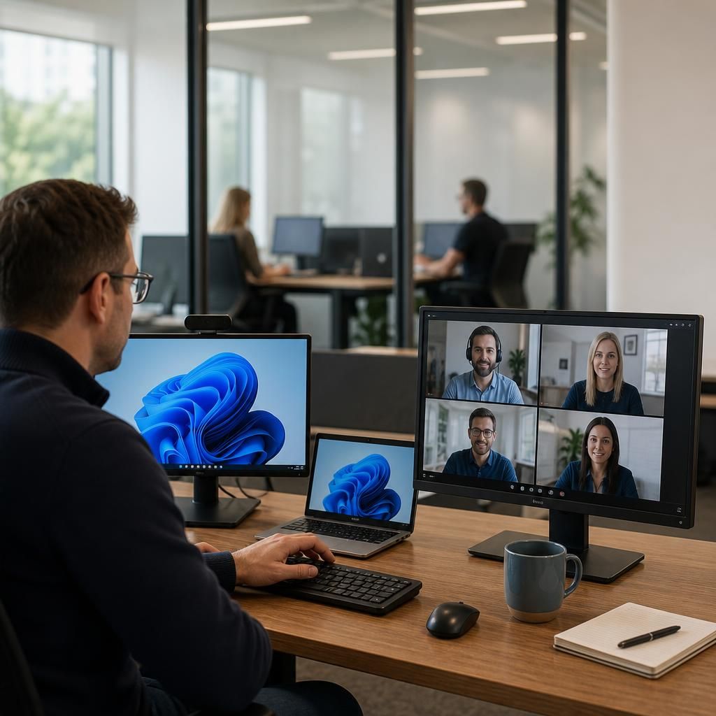 Colleagues working across different offices connected through business technology