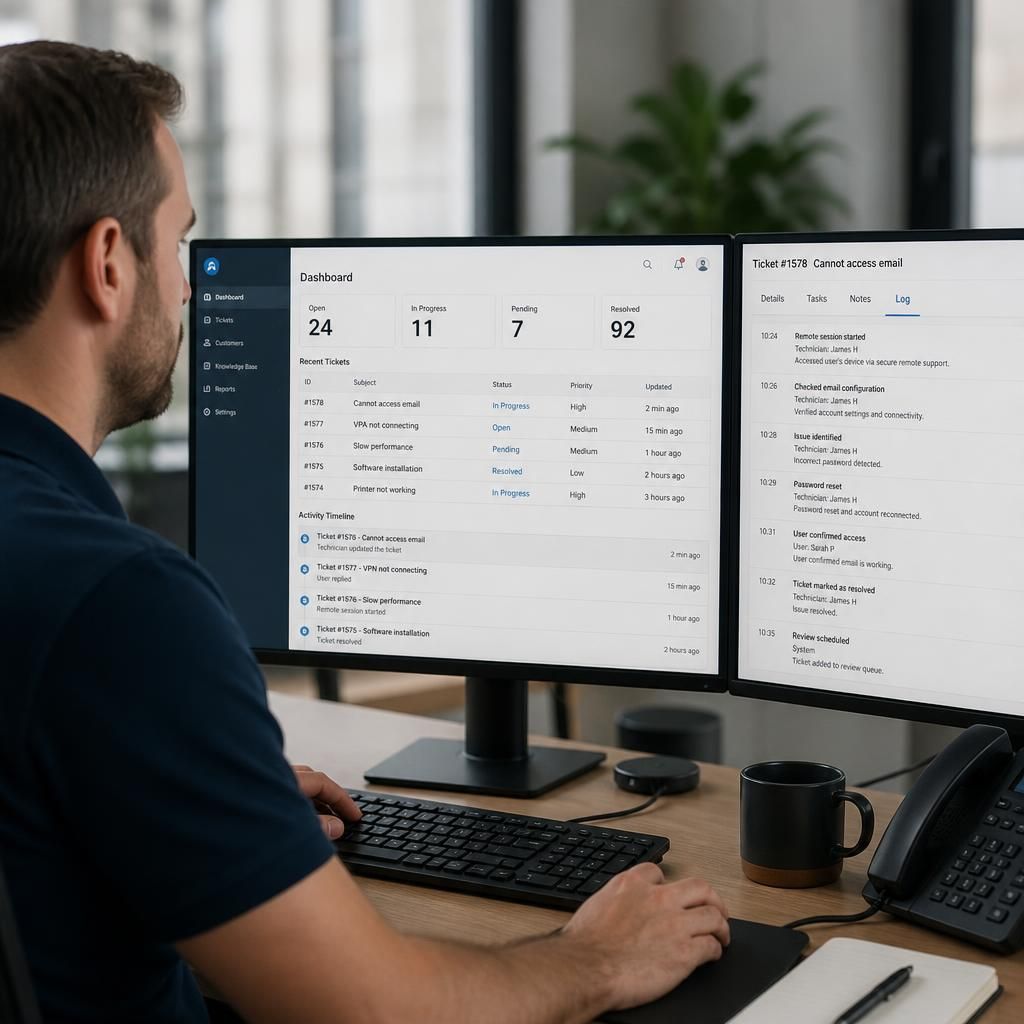 Service desk dashboard showing remote support tickets, technician notes and activity timestamps