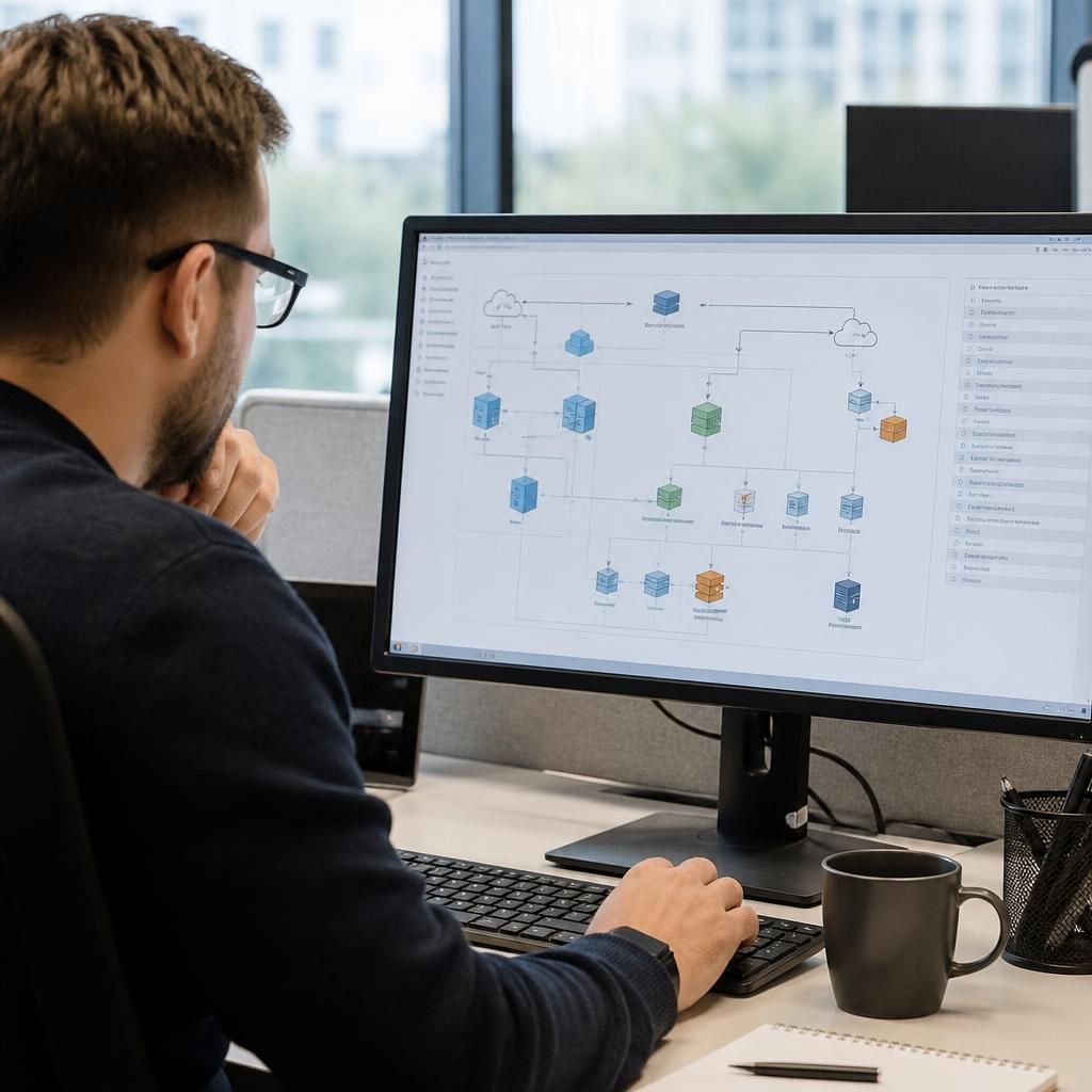 IT administrator reviewing a virtual infrastructure diagram and change plan on a computer screen
