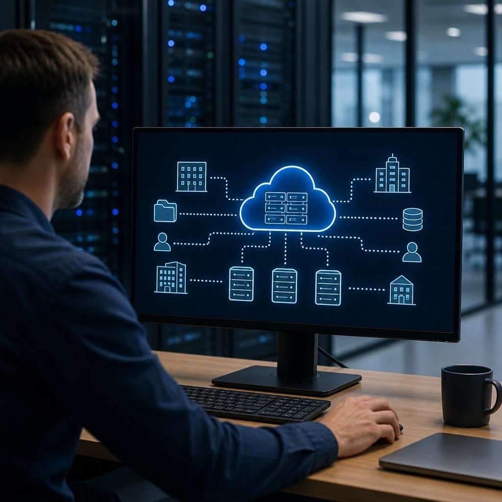 Diagram showing servers, cloud storage and network connections across multiple business sites