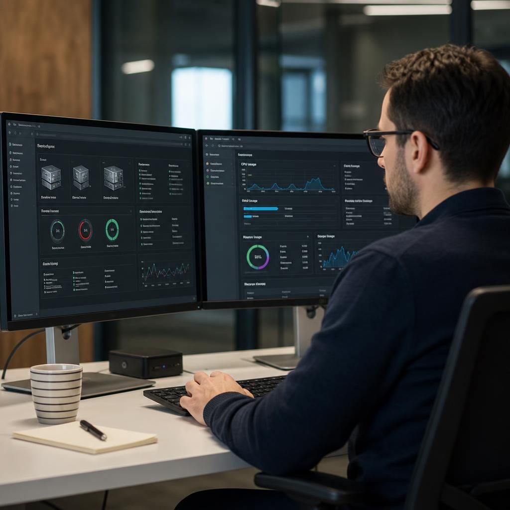 IT administrator reviewing virtual servers, storage and network resources on a monitoring dashboard