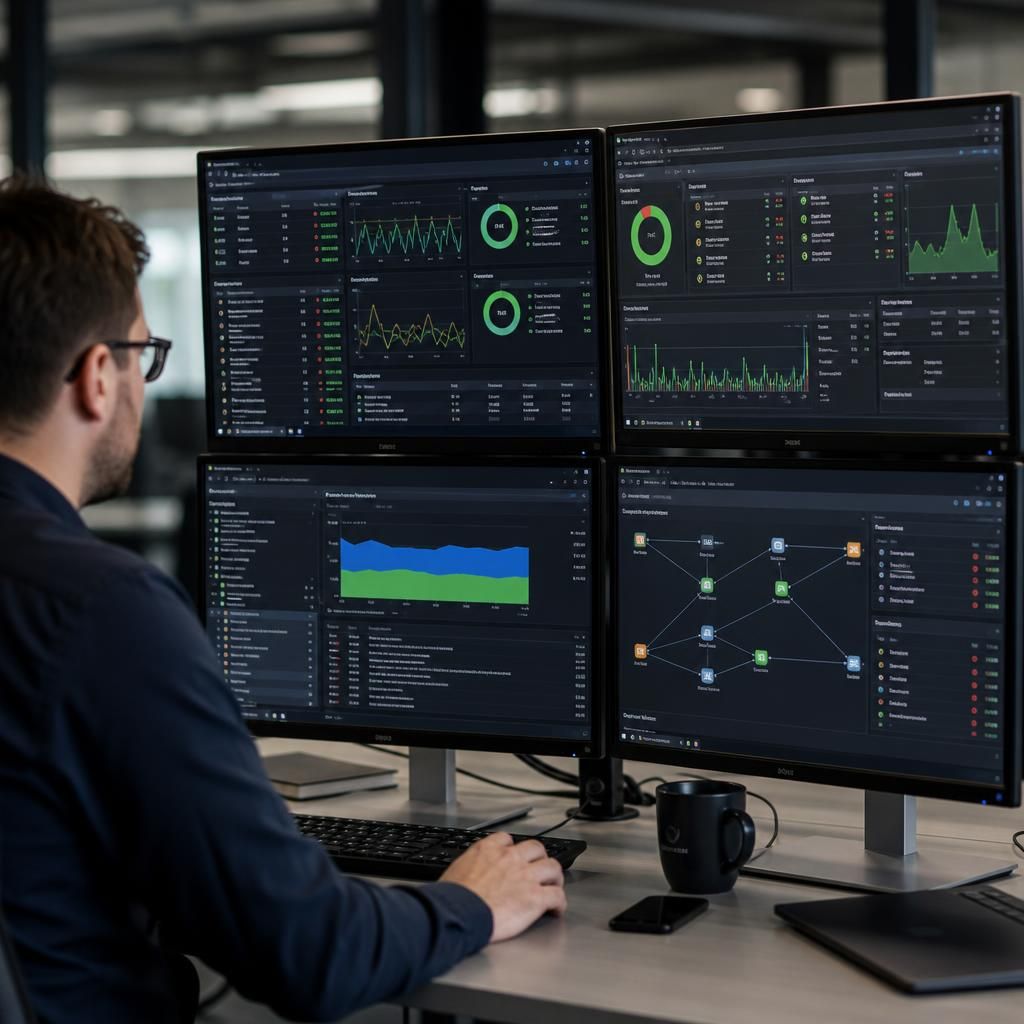 Infrastructure monitoring dashboard showing server, storage and network status metrics
