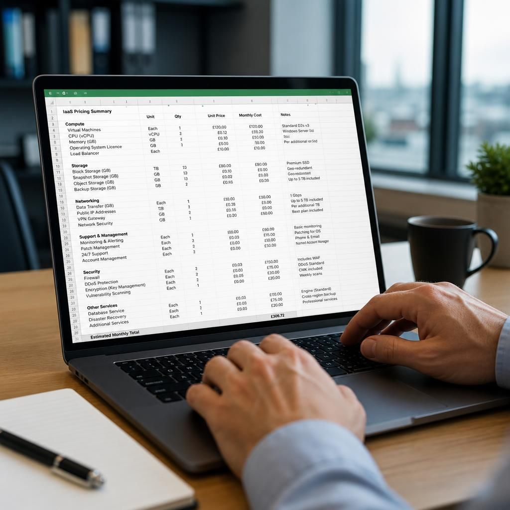 Spreadsheet showing IaaS infrastructure, support and usage charges