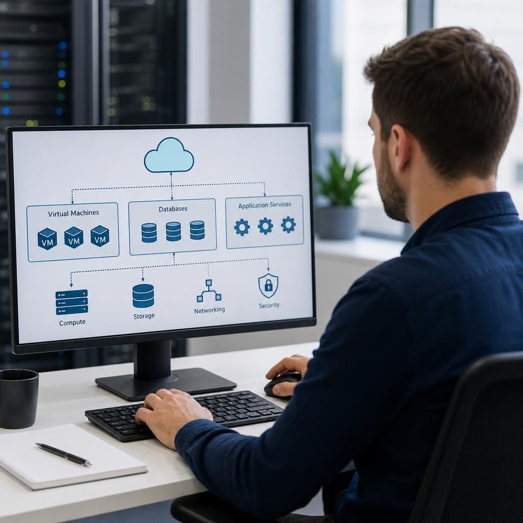 IT infrastructure diagram showing virtual machines, databases and application services