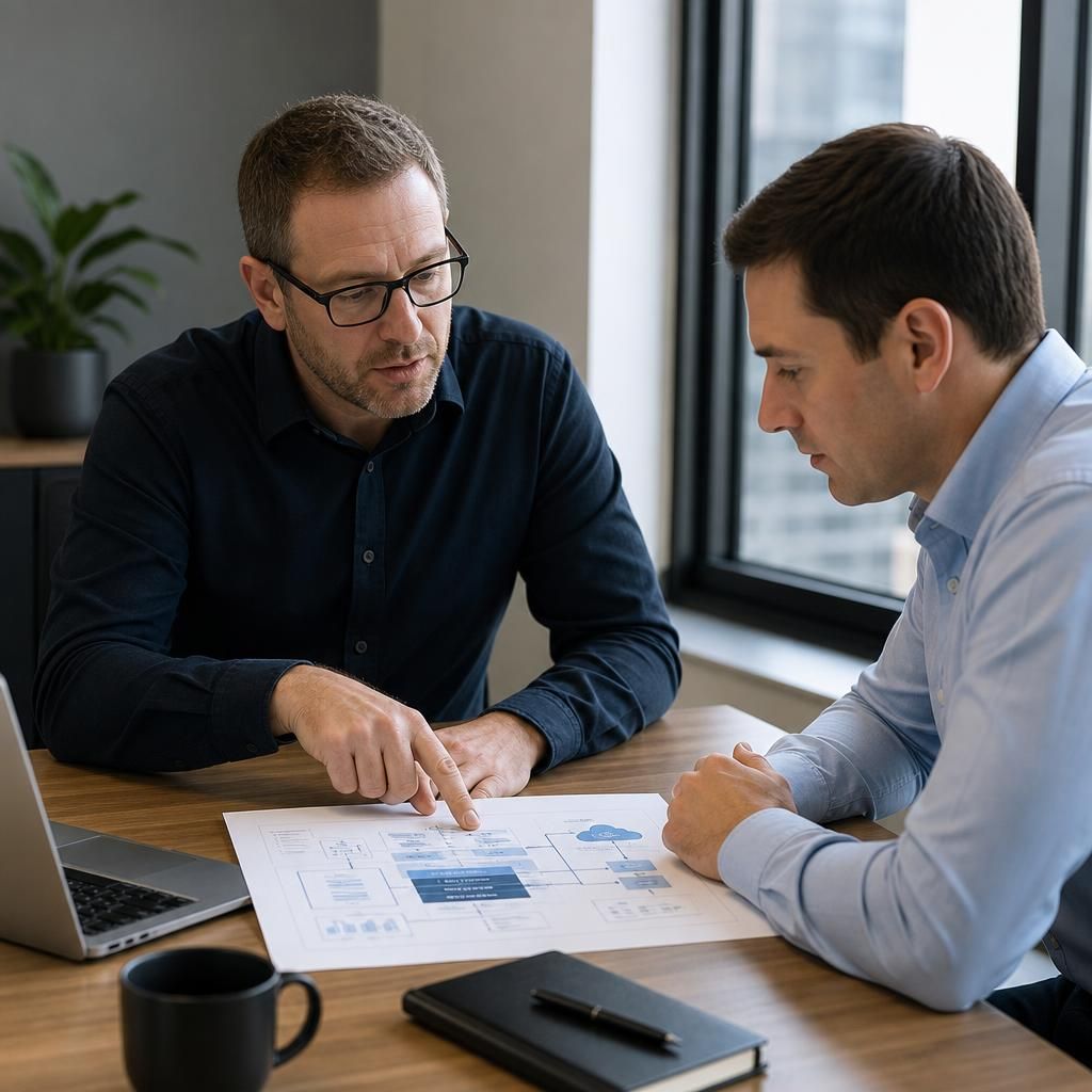 IT professional discussing infrastructure plans with a business client