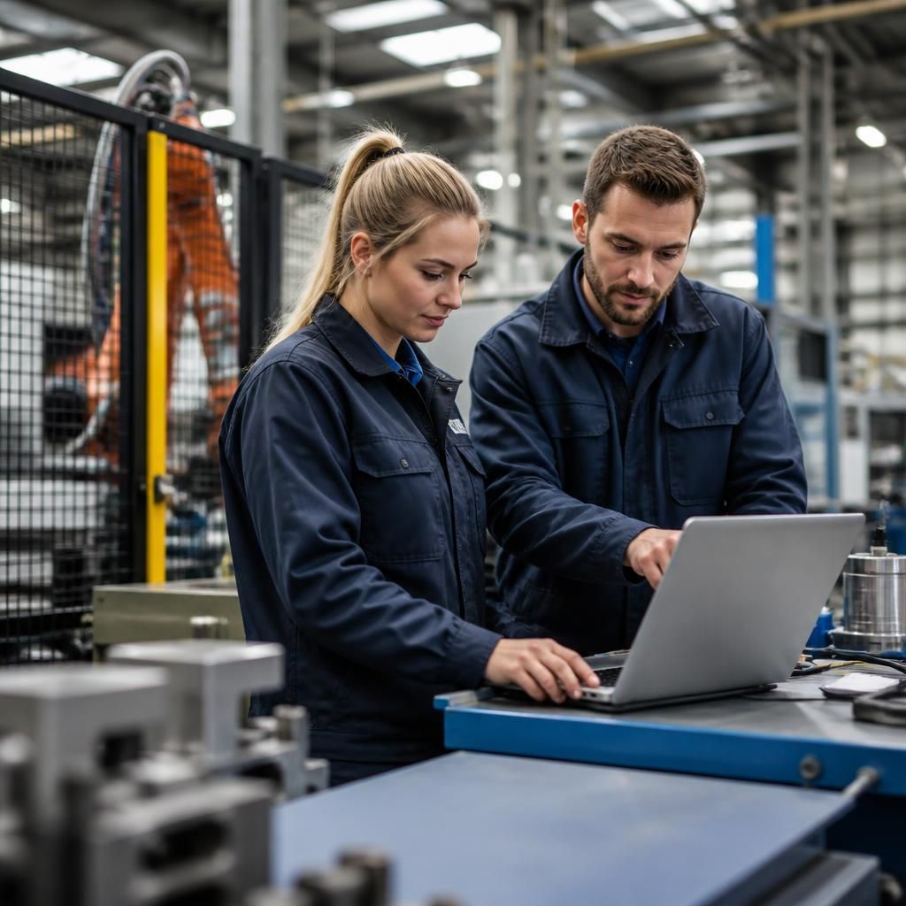 Manufacturing staff reviewing production technology and infrastructure requirements