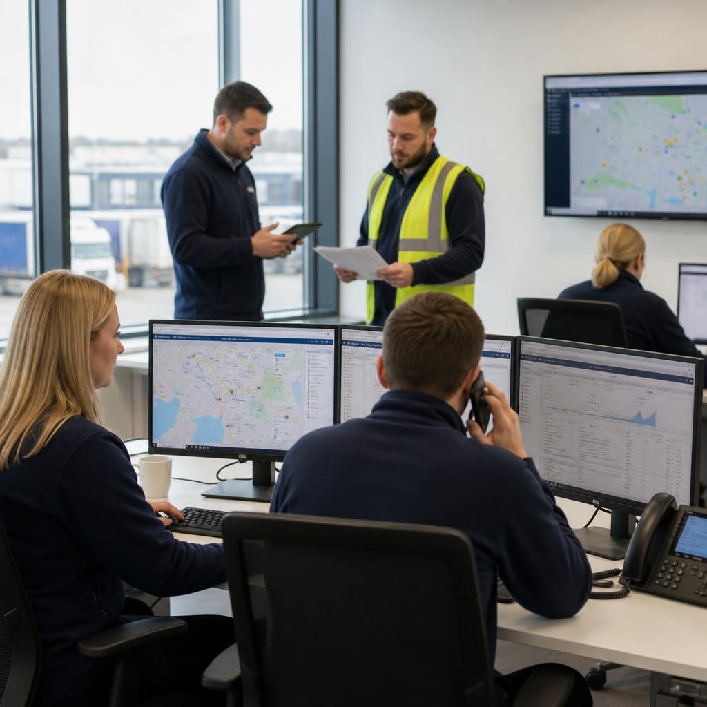 Logistics team using connected systems to coordinate business operations