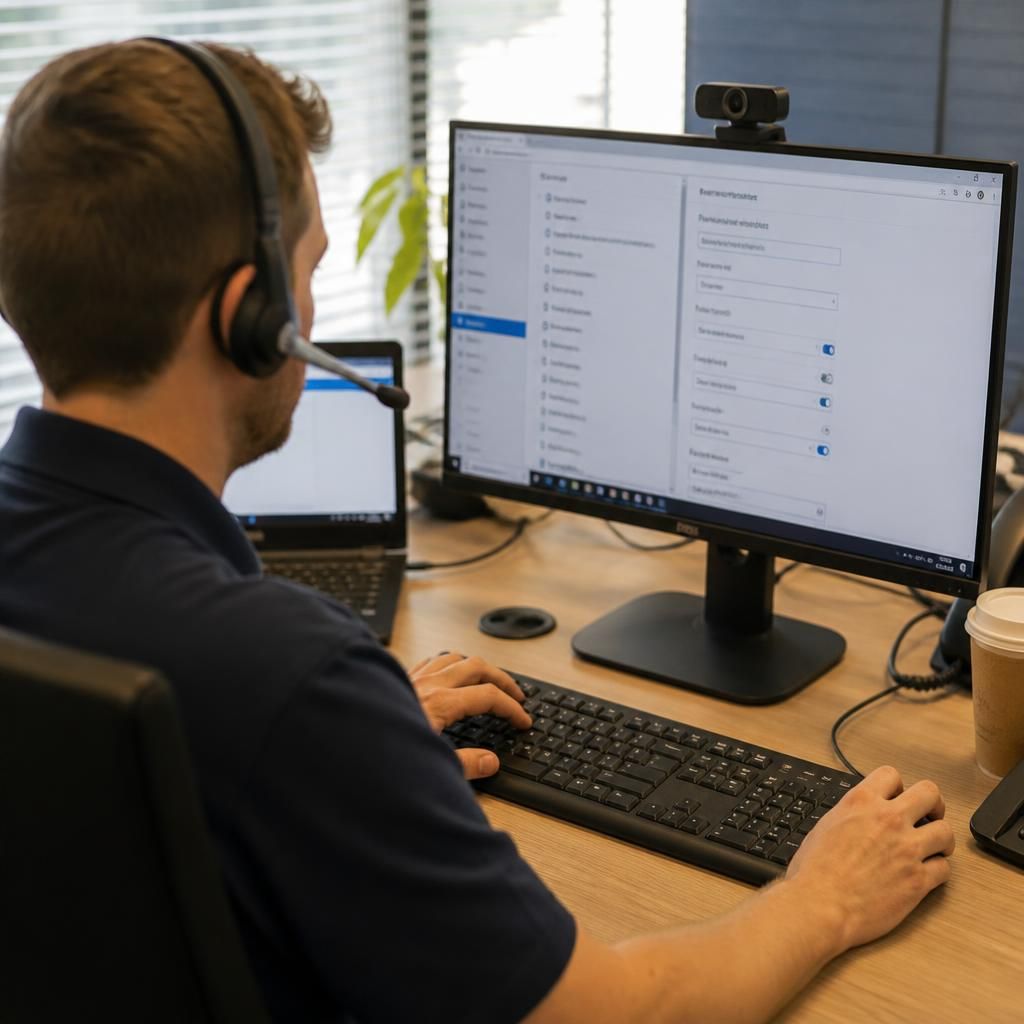 Technician reviewing application settings on a remotely connected business computer