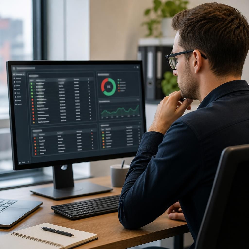Technician reviewing remote access test results and permission settings on a monitor