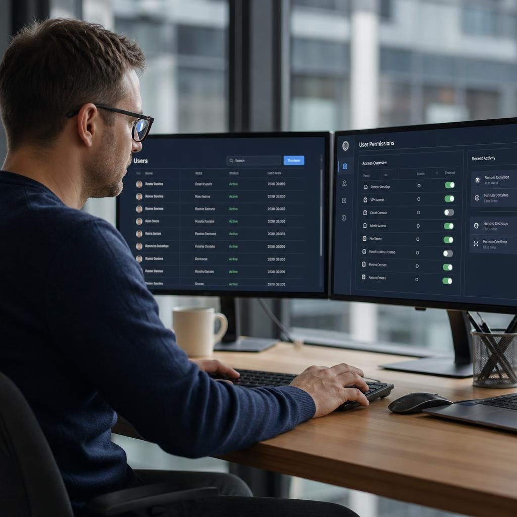 Administrator reviewing user accounts and remote access permissions on a security dashboard