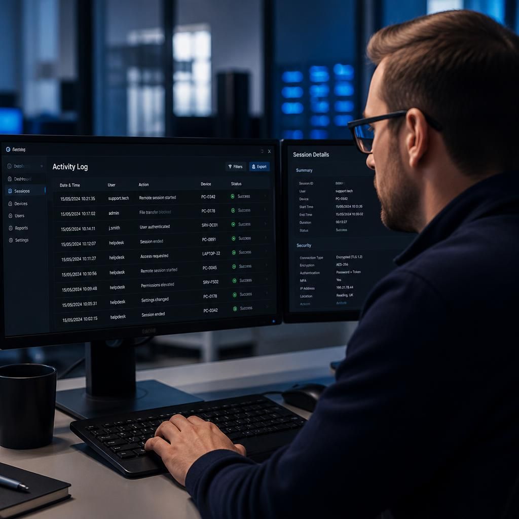 Technician reviewing a remote access activity log on a computer screen