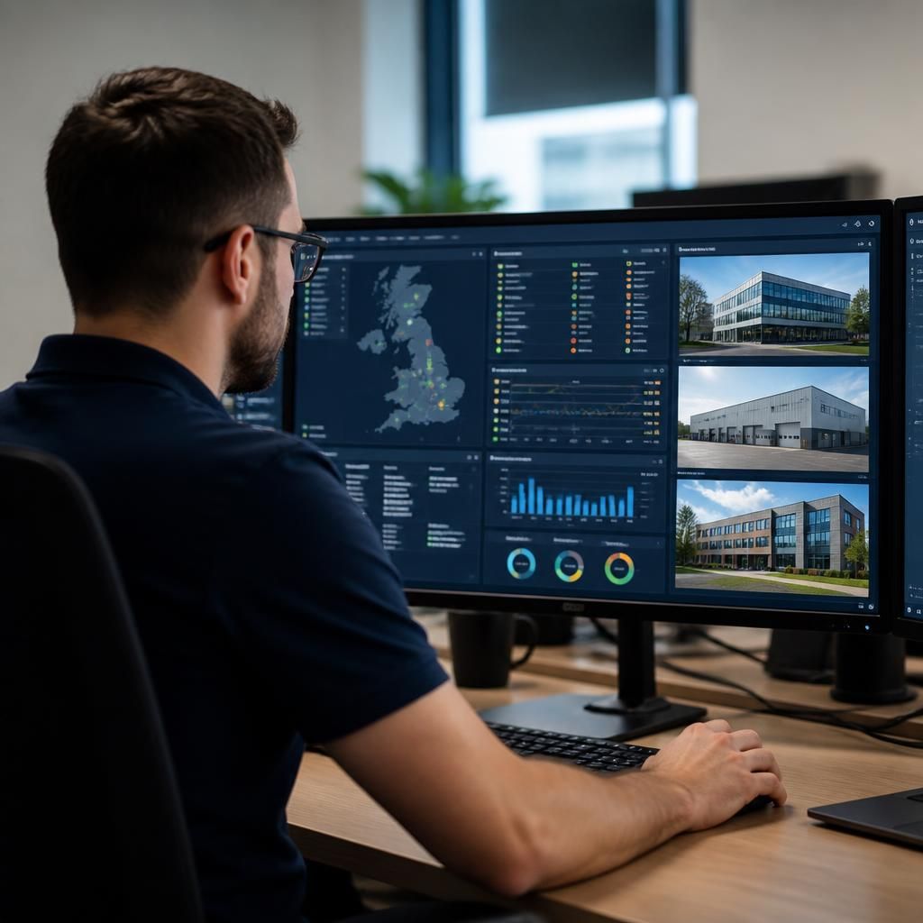 IT technician viewing dashboards for offices, warehouses and remote network devices