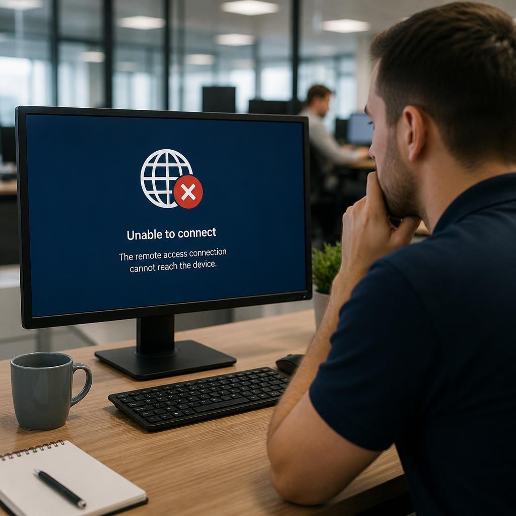 Technician checking a computer displaying a remote access connection error