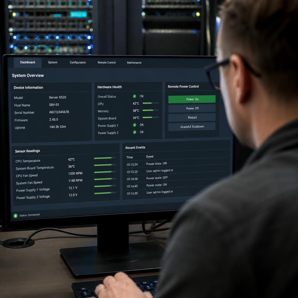 Server management console showing hardware status and remote power controls