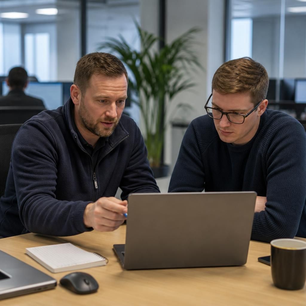 IT professional reviewing a laptop with a colleague at a desk
