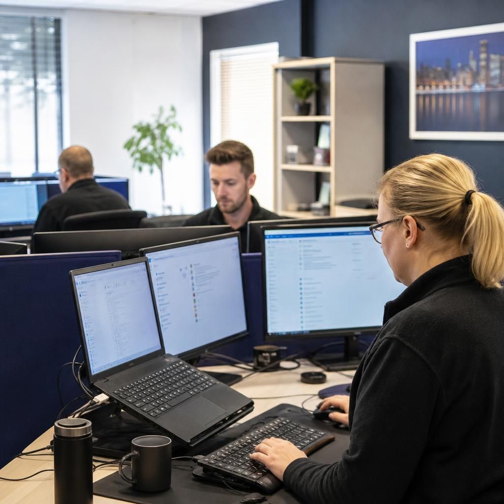 Professional services team working at computers in an office