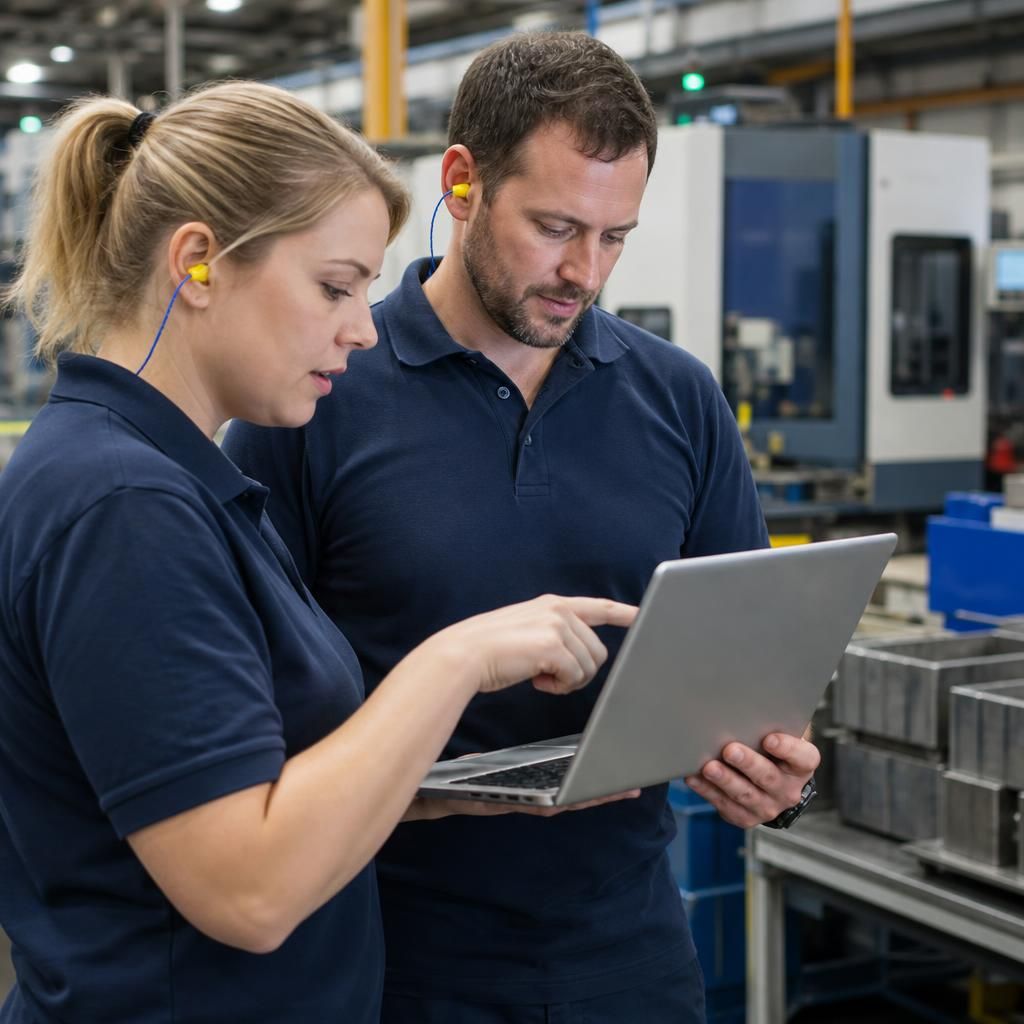 Manufacturing staff reviewing digital production information