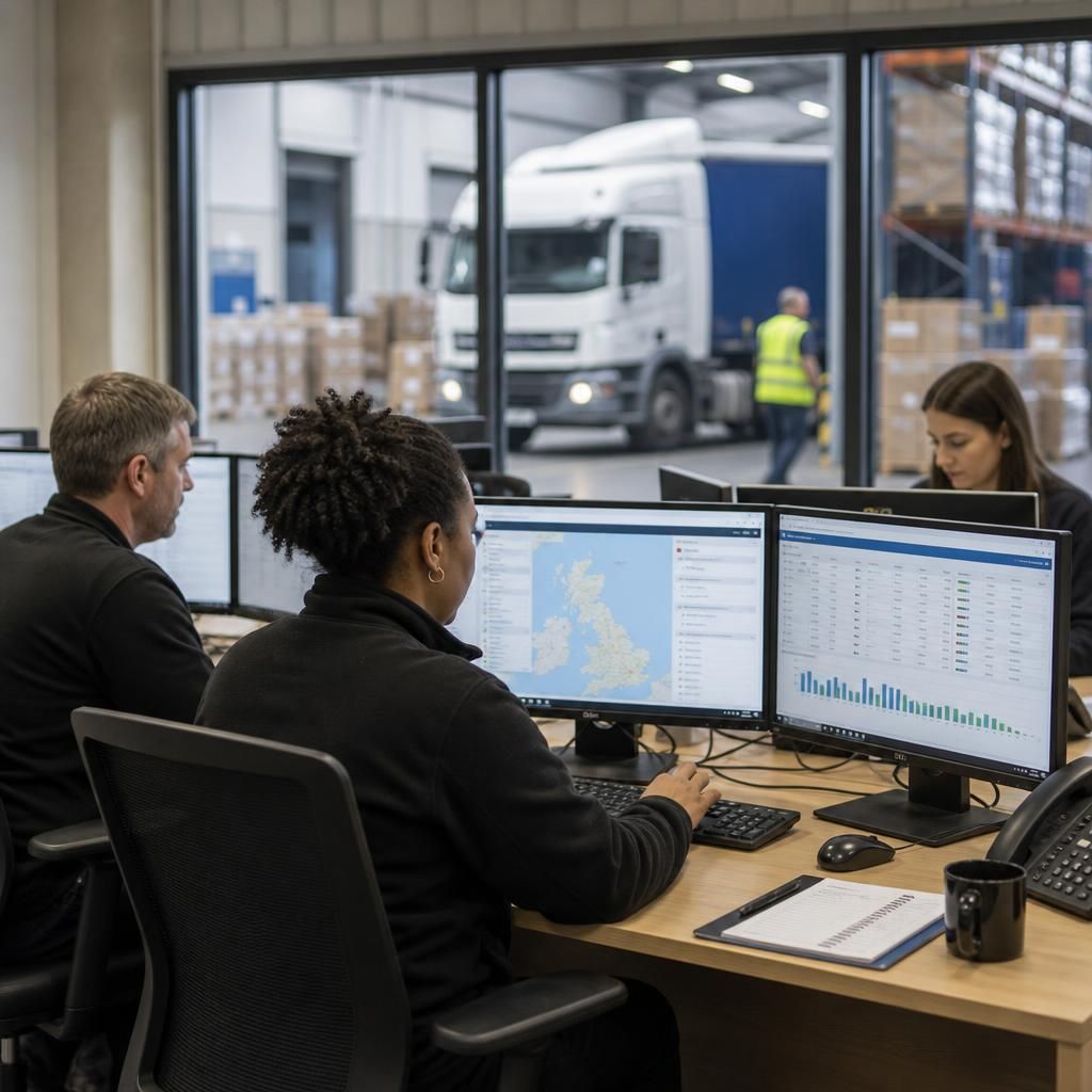 Logistics team using computers to coordinate deliveries