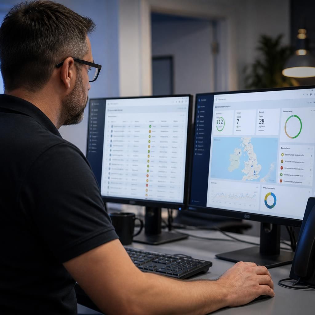 Technician reviewing a device management dashboard for computers across several business locations