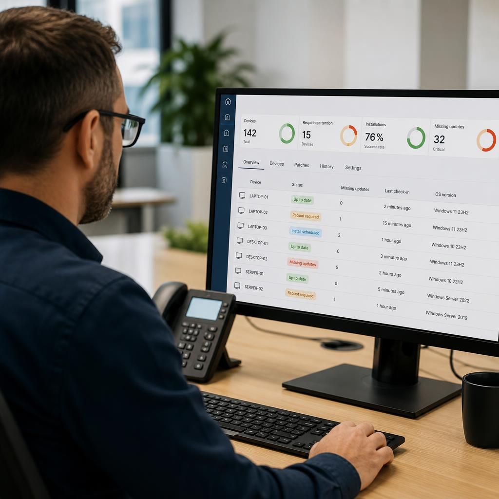 Patch management dashboard showing device update statuses and software versions