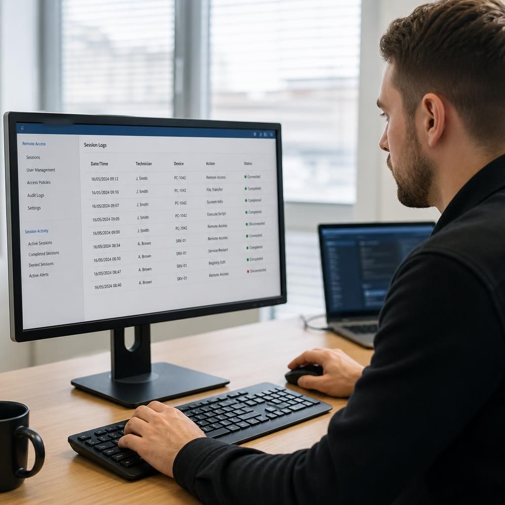 Technician reviewing remote access controls and session logs on a business computer
