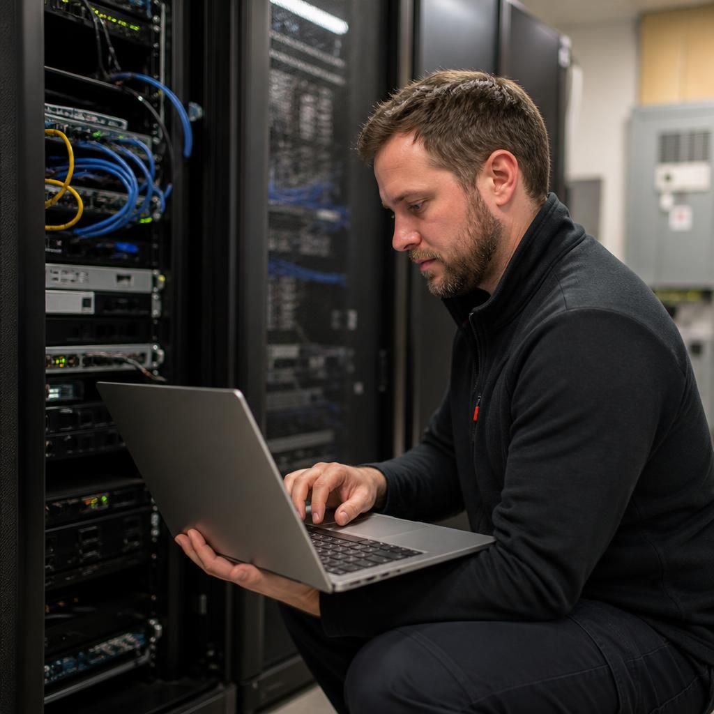 Engineer reviewing a laptop beside network equipment during an on-site IT visit