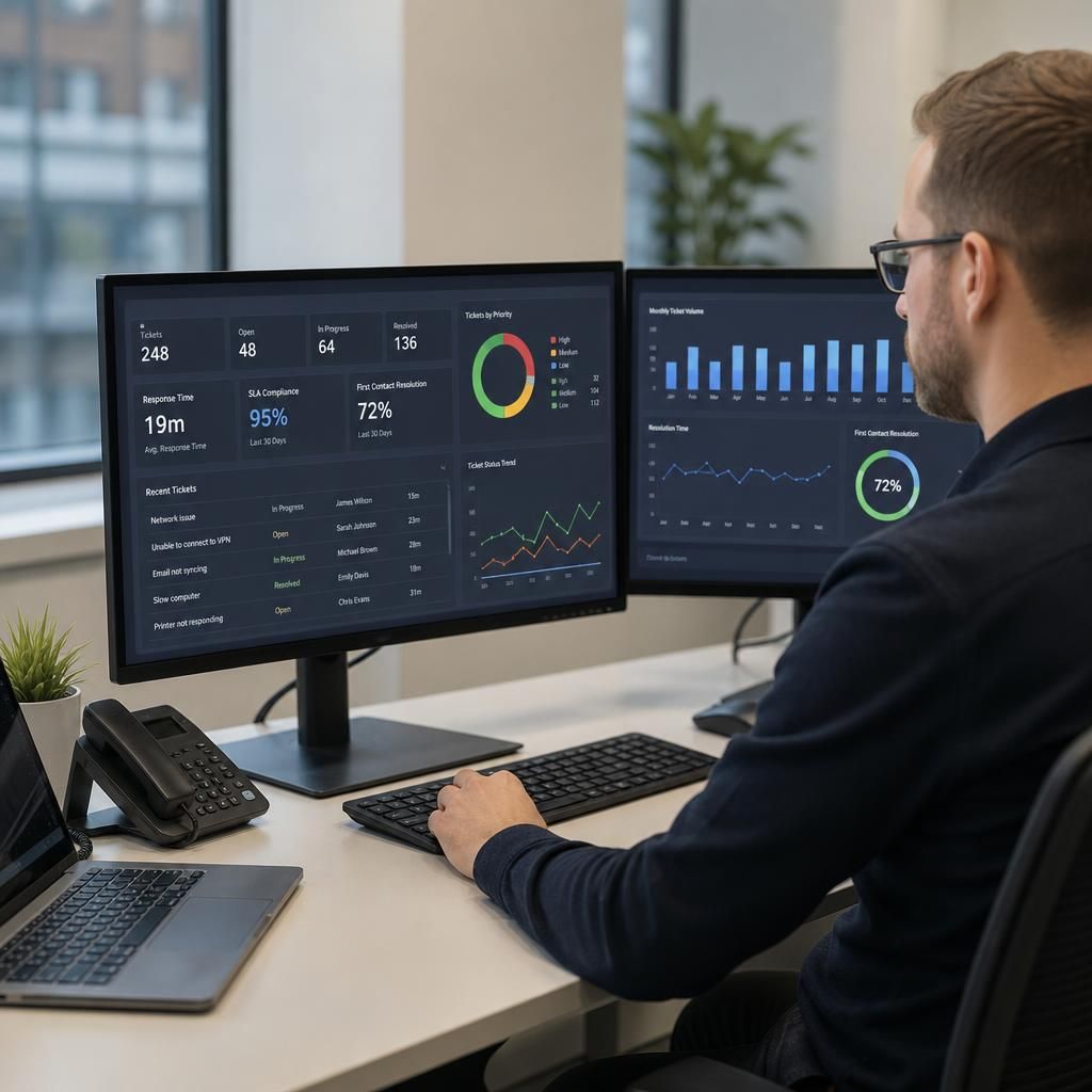 Remote IT support dashboard showing response times, ticket status and resolution trends