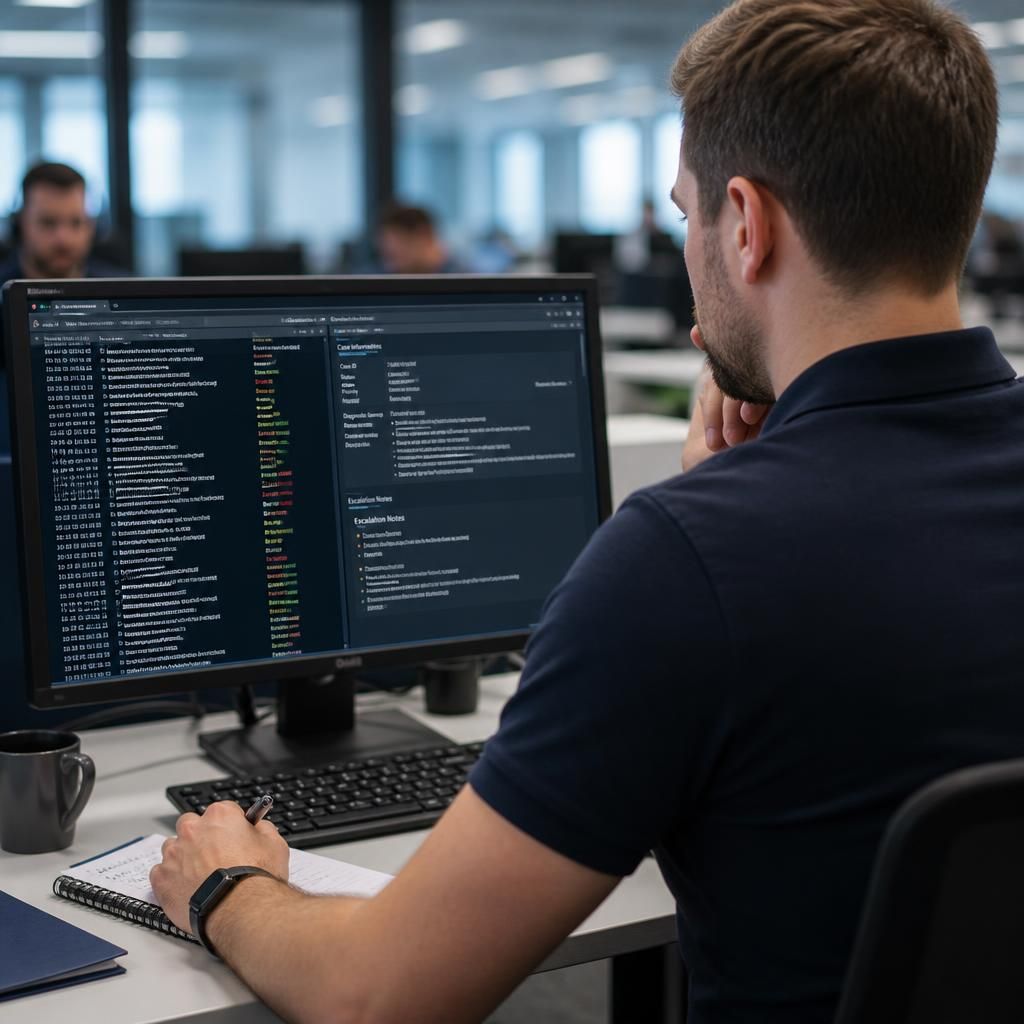 Technician reviewing remote support logs and escalation notes on a computer monitor