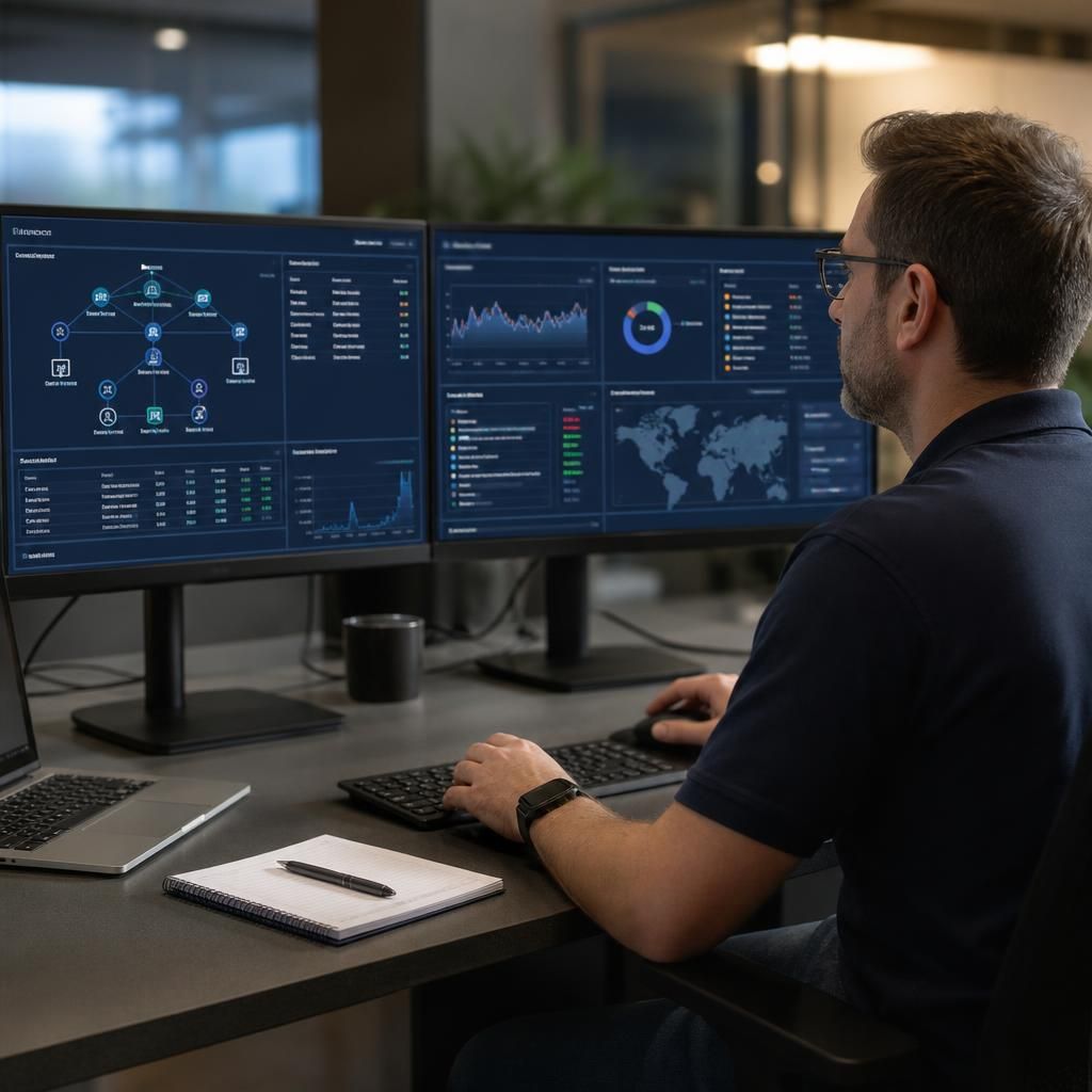 Network management dashboard showing connected devices, traffic and system alerts