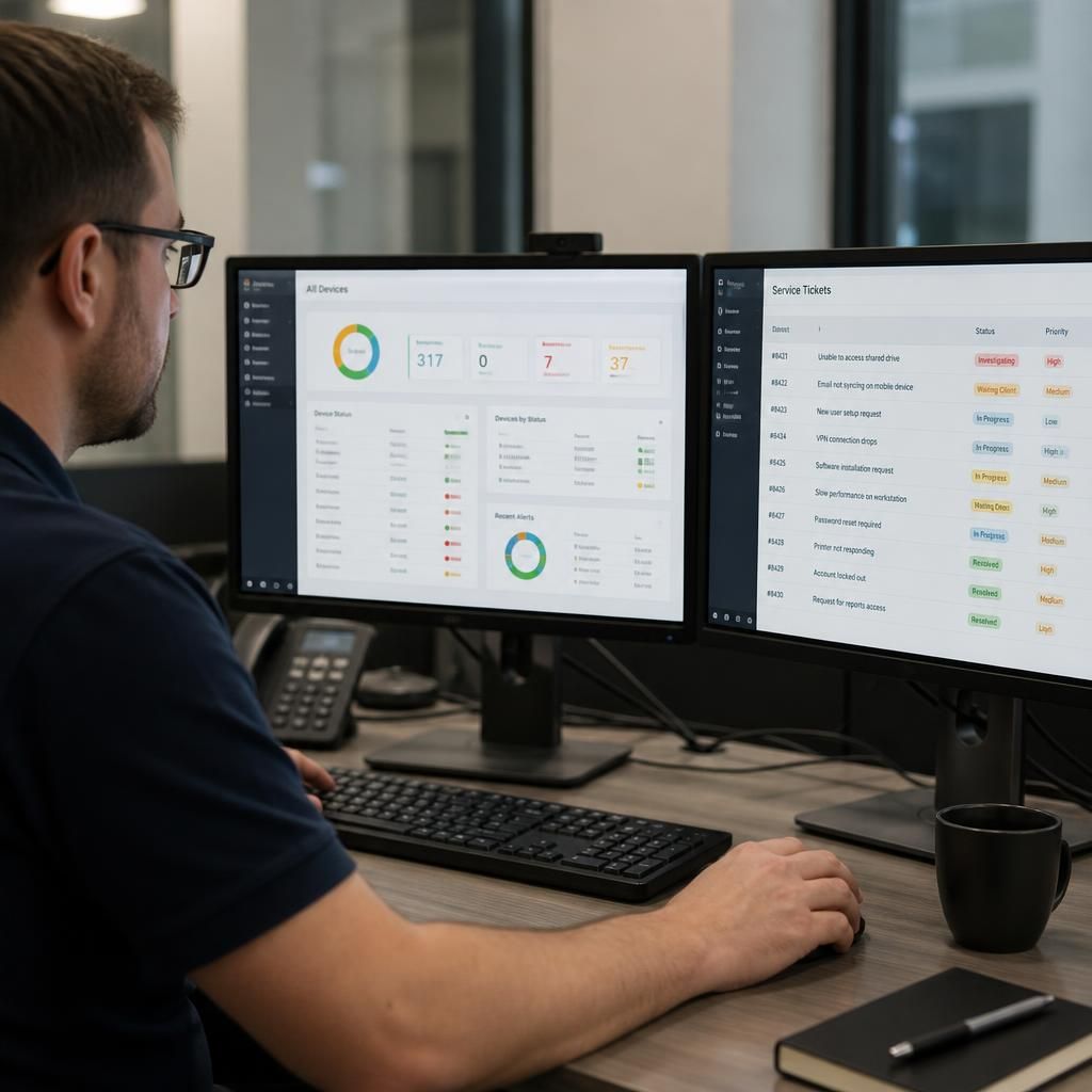 Technician reviewing a remote support dashboard showing device status and service tickets