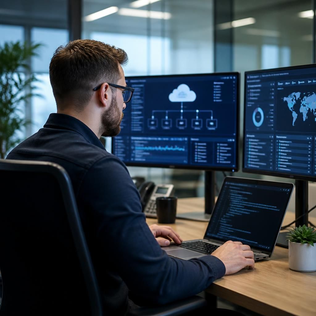 IT professional reviewing cloud systems and connected business devices across multiple screens