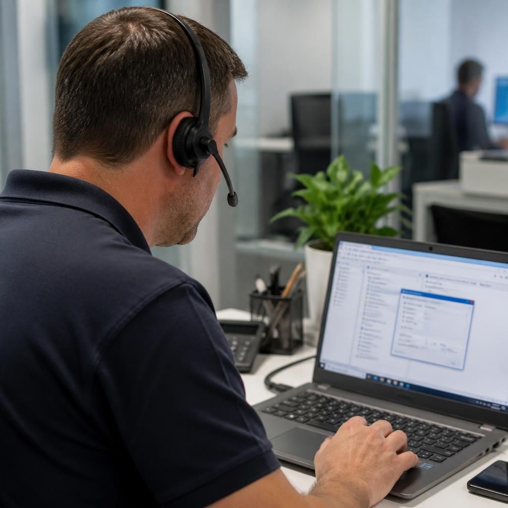 Technician reviewing software settings on a business laptop during a remote support session