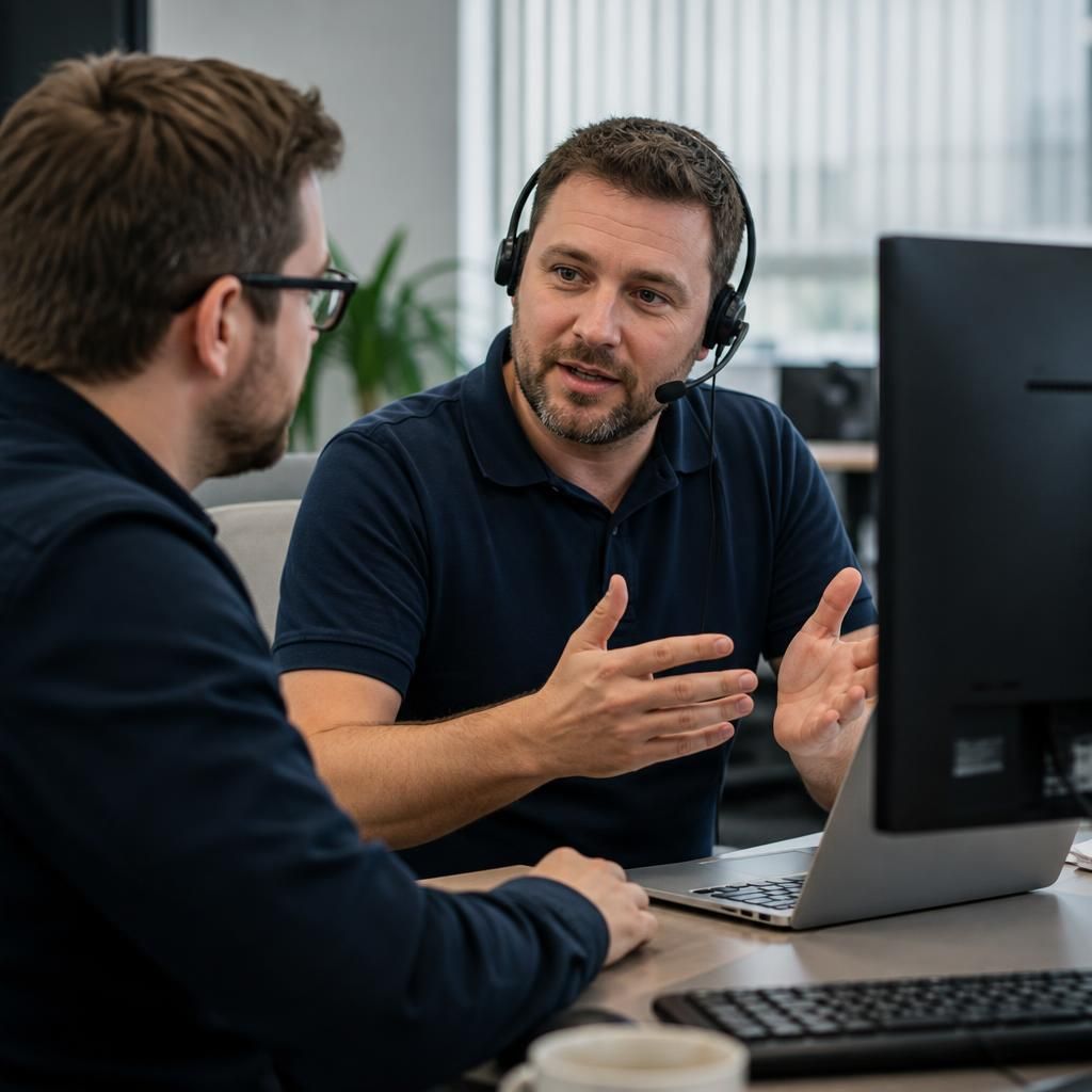 IT support technician speaking with a business colleague at a desk