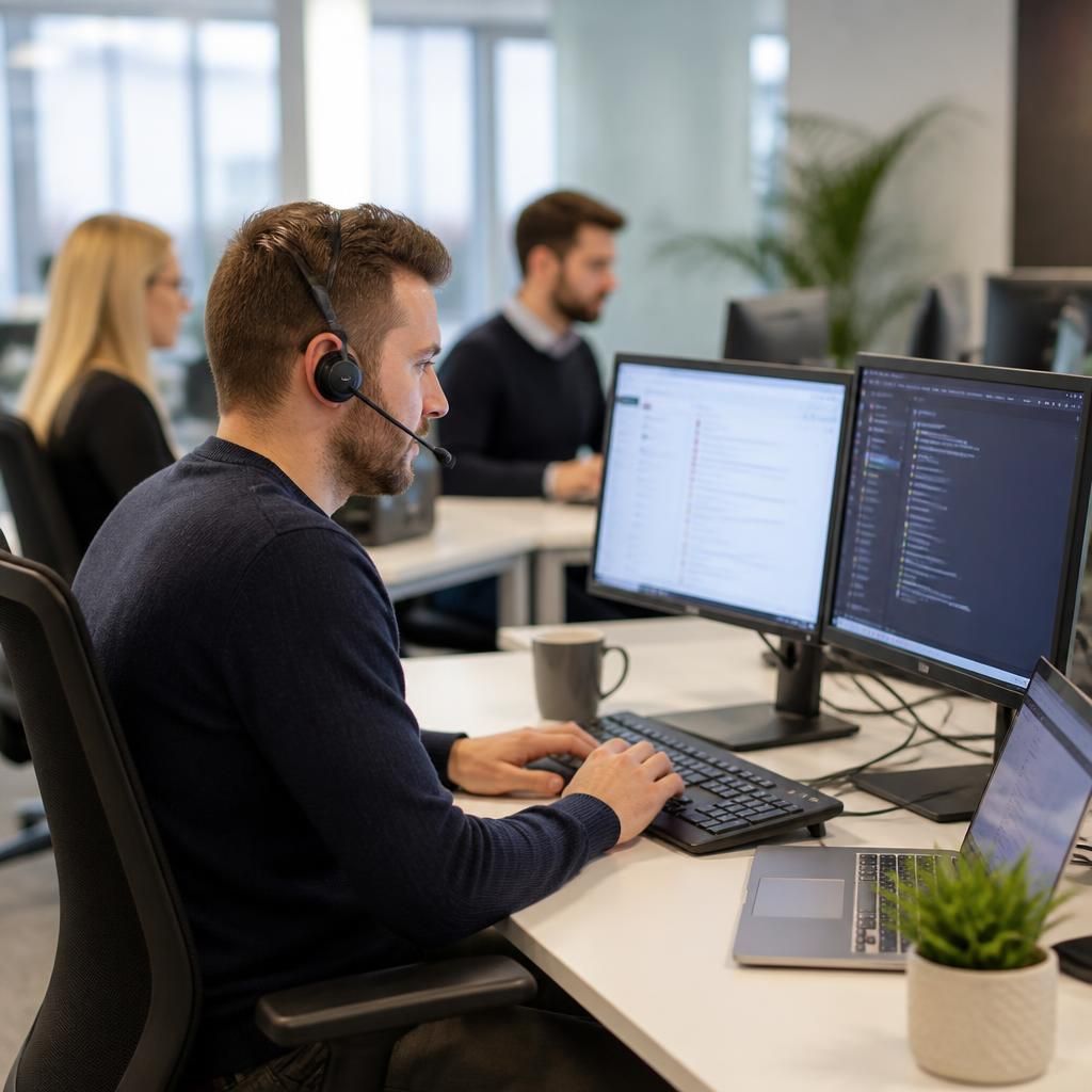 Professional services team working at computers in an office