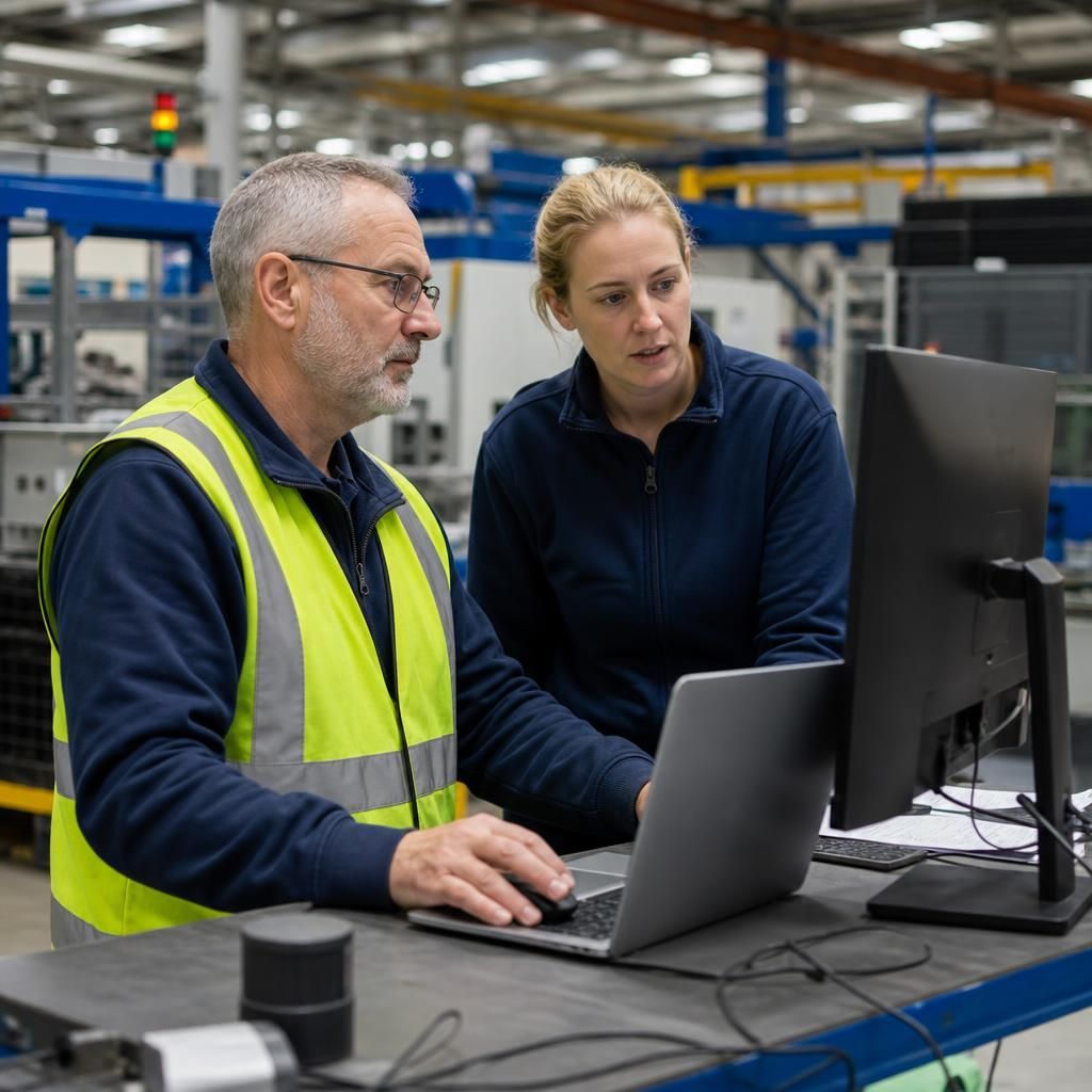 Manufacturing staff reviewing operations beside connected computers