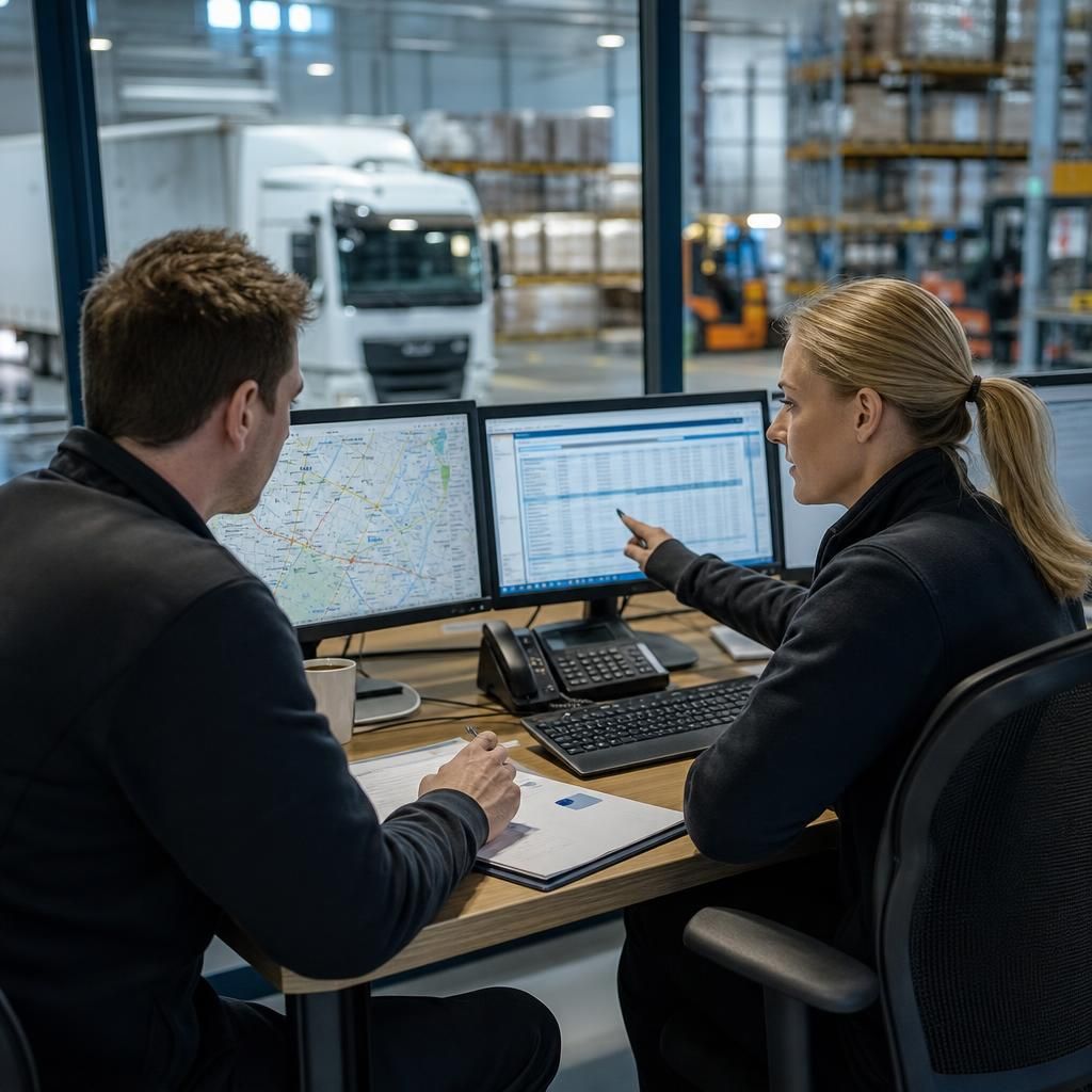 Logistics team monitoring deliveries and business systems