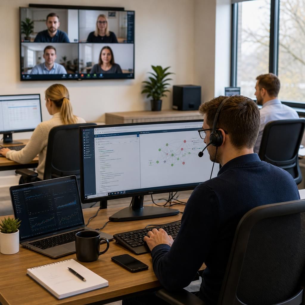 Employees working across multiple business sites using computers