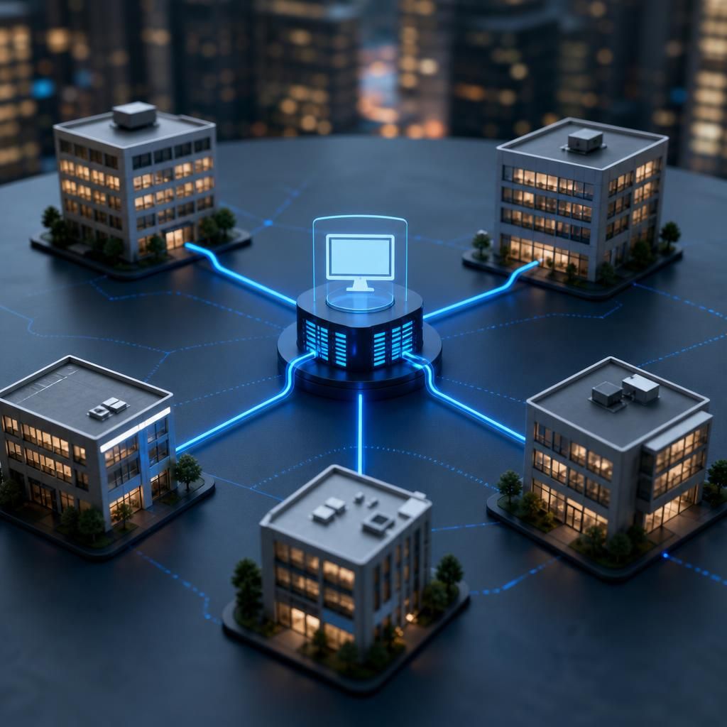 Diagram showing several office buildings connected to a central virtual desktop platform