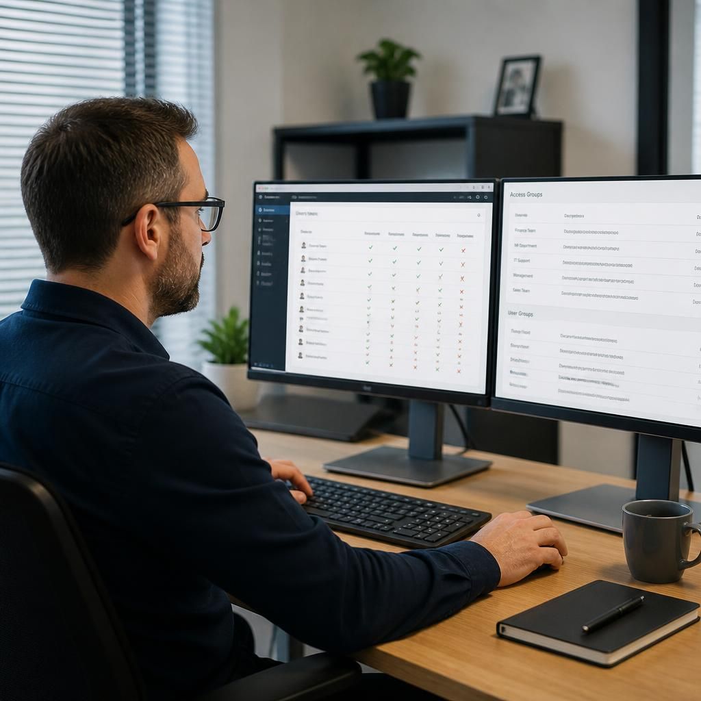 Administrator reviewing user permissions and virtual desktop access groups on screen
