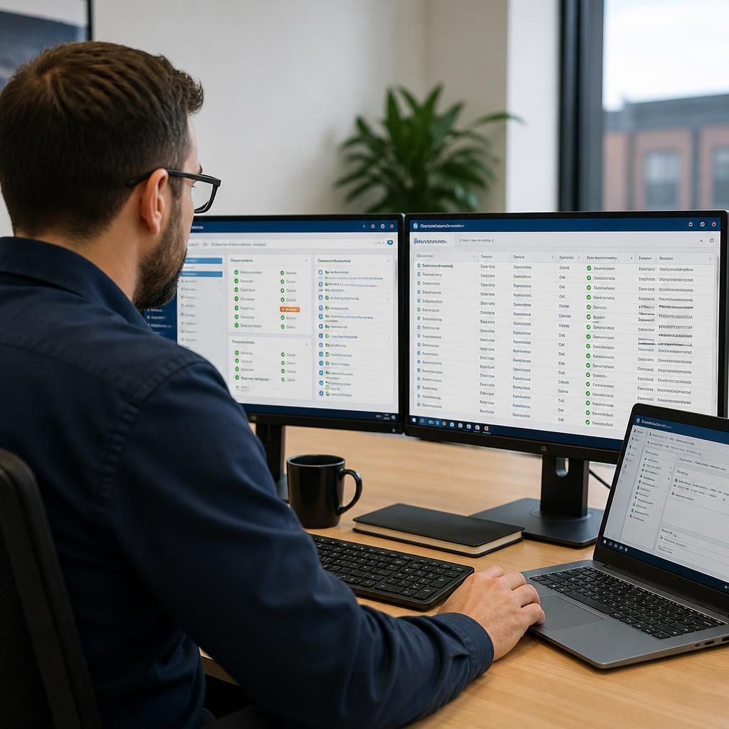 Administrator reviewing software update status across virtual desktops on a management console